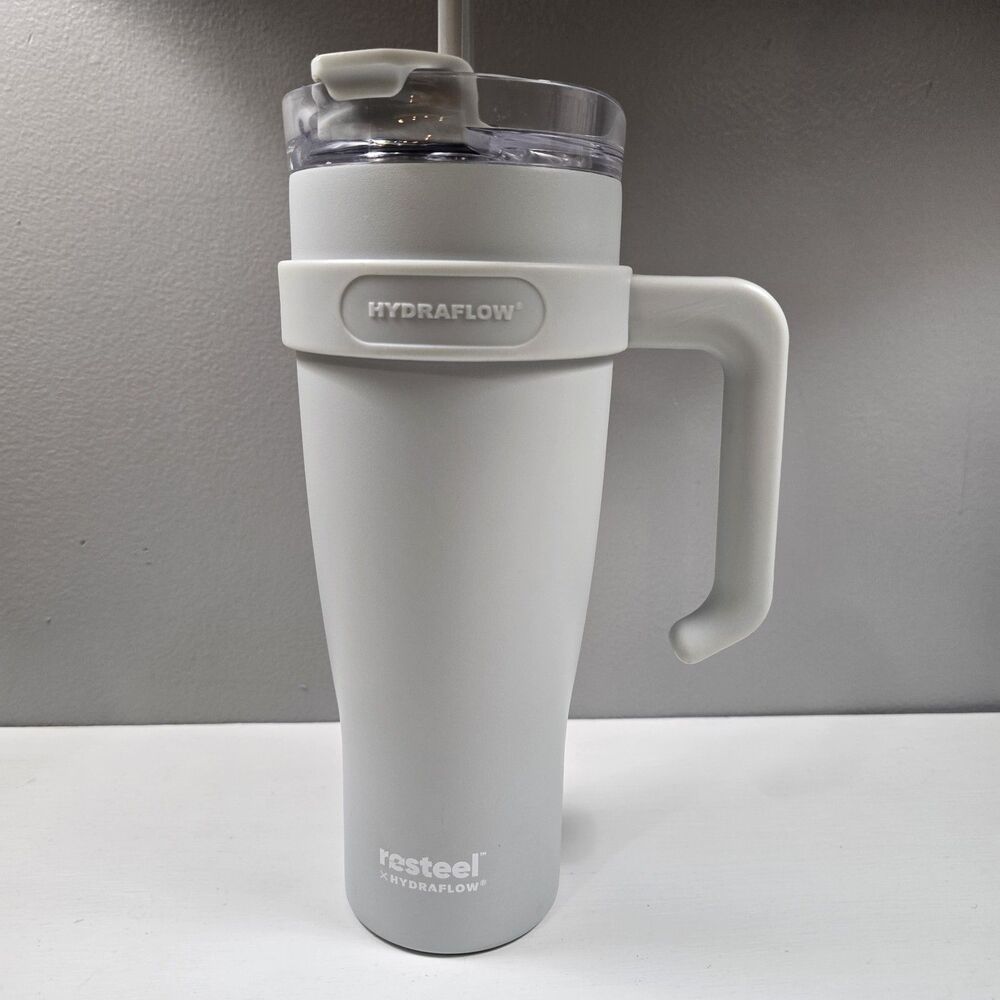 Hydraflow Resteel 40 oz Gray Tumbler With Handle and Metal Straw Cup Insulated